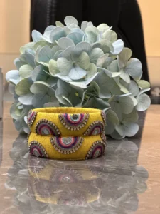 Yellow Multicolour Embroidered Mirror Work Bangle Set