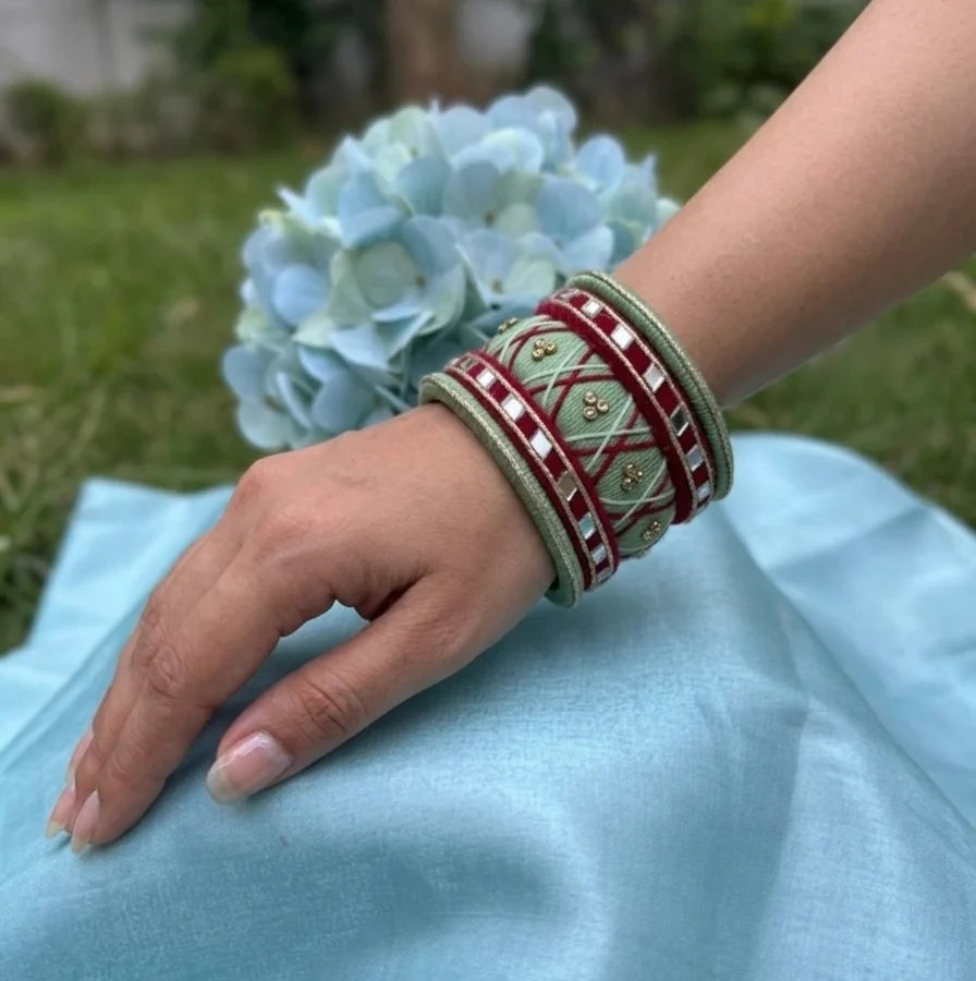 Green & Maroon Mirror Work Thread Bangle Set Hover Image