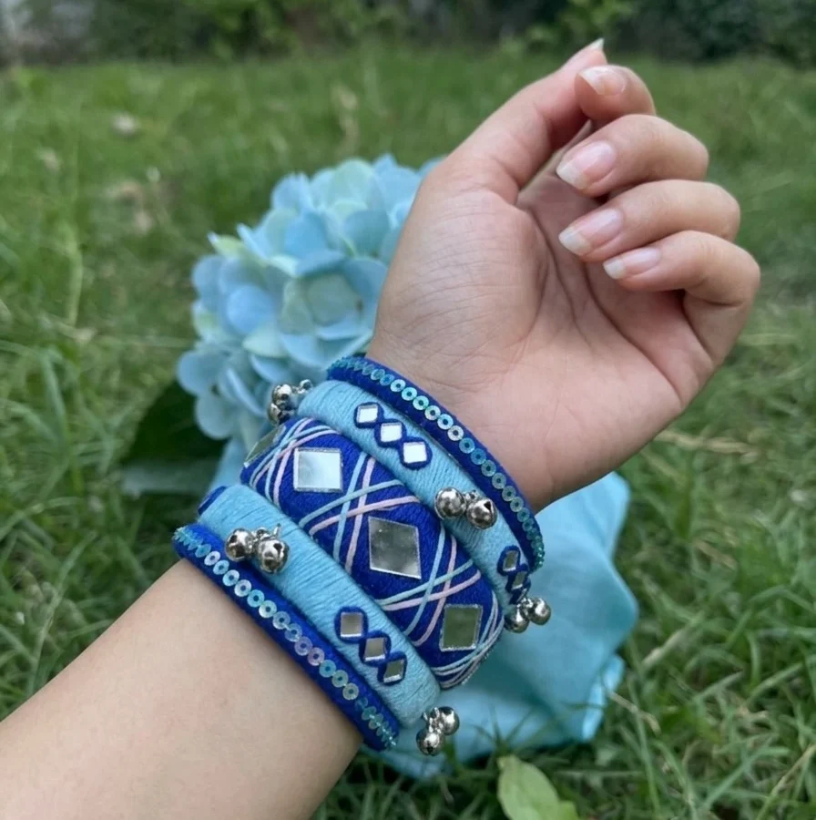 Blue & Sky Blue Mirror Work Thread Bangle Set Hover Image
