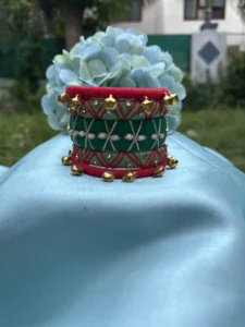 Red & Green Bell Embellished Thread-Wrapped Bangle Set
