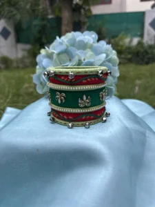 Green & Red Bell Embellished Handcrafted Bangle Set