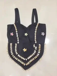 Black Embellished Shell-Trim Tie-Up Blouse
