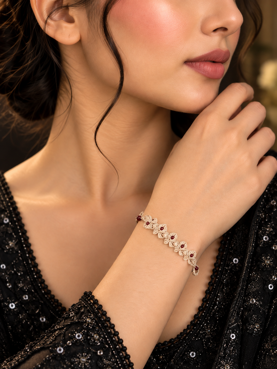Beige Threadwork Bracelet with Red Bead Accents