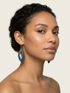 Blue & Taupe Beaded Leaf Earrings