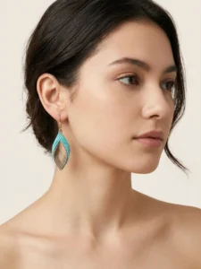 Turquoise & Taupe Beaded Leaf Earrings