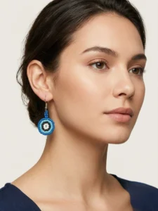 Blue Beaded Circular Flower Earrings