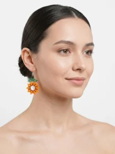 Orange & Green Beaded Floral Earrings