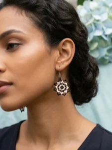 Black & White Beaded Floral Earrings
