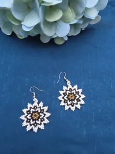 White & Gold Beaded Floral Drop Earrings