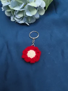 Handmade Red & White Crochet Flower Keychain