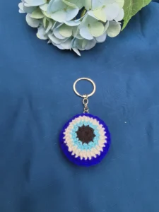 Handmade Blue & White Crochet Round Keychain