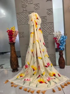 Cream Floral Printed Saree with Tassel Border