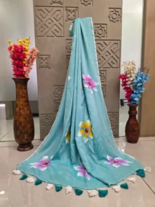 Sky Blue Floral Printed Saree with Tassel Border