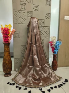 Taupe Brown Satin Saree with Black Sequin Border