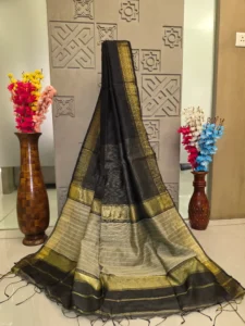 Black Saree with Golden Border and Striped Pallu
