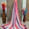 Pink, Lavender & White Striped Saree with Tassel Border