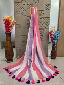 Pink, Lavender & White Striped Saree with Tassel Border