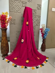 Magenta Pink Floral Embroidered Saree with Tassel Border