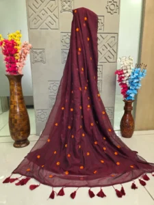 Wine Maroon Floral Embroidered Saree with Tassel Border