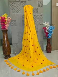 Bright Yellow Floral Embroidered Saree with Tassel Border