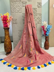 Peach Pink Embroidered Butterfly Saree with Tassel Border