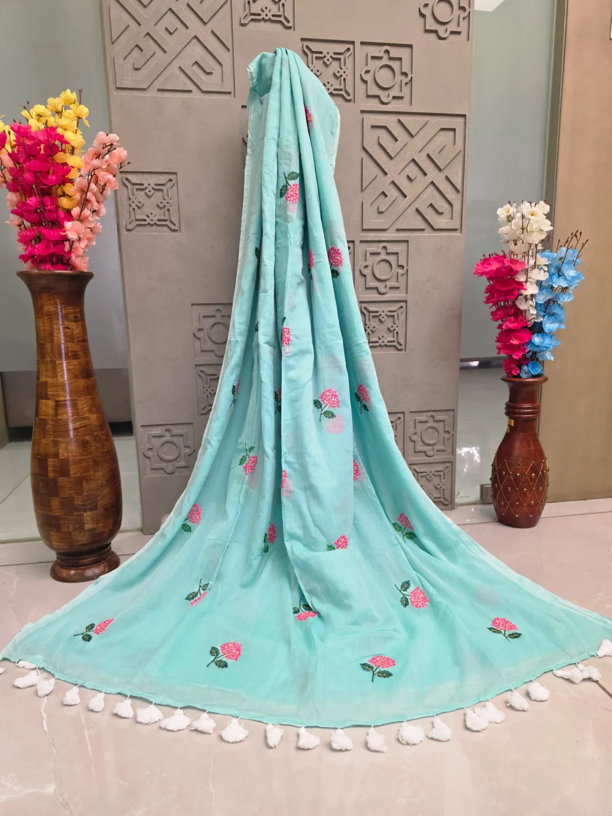 Aqua Blue Floral Embroidered Saree with White Tassel Border
