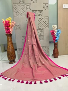 Dusty Rose Pink Sequin Saree with Hot Pink Tassel Border