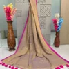 Beige Gold Foil Dot Saree with Magenta Border & Tassel Detailing