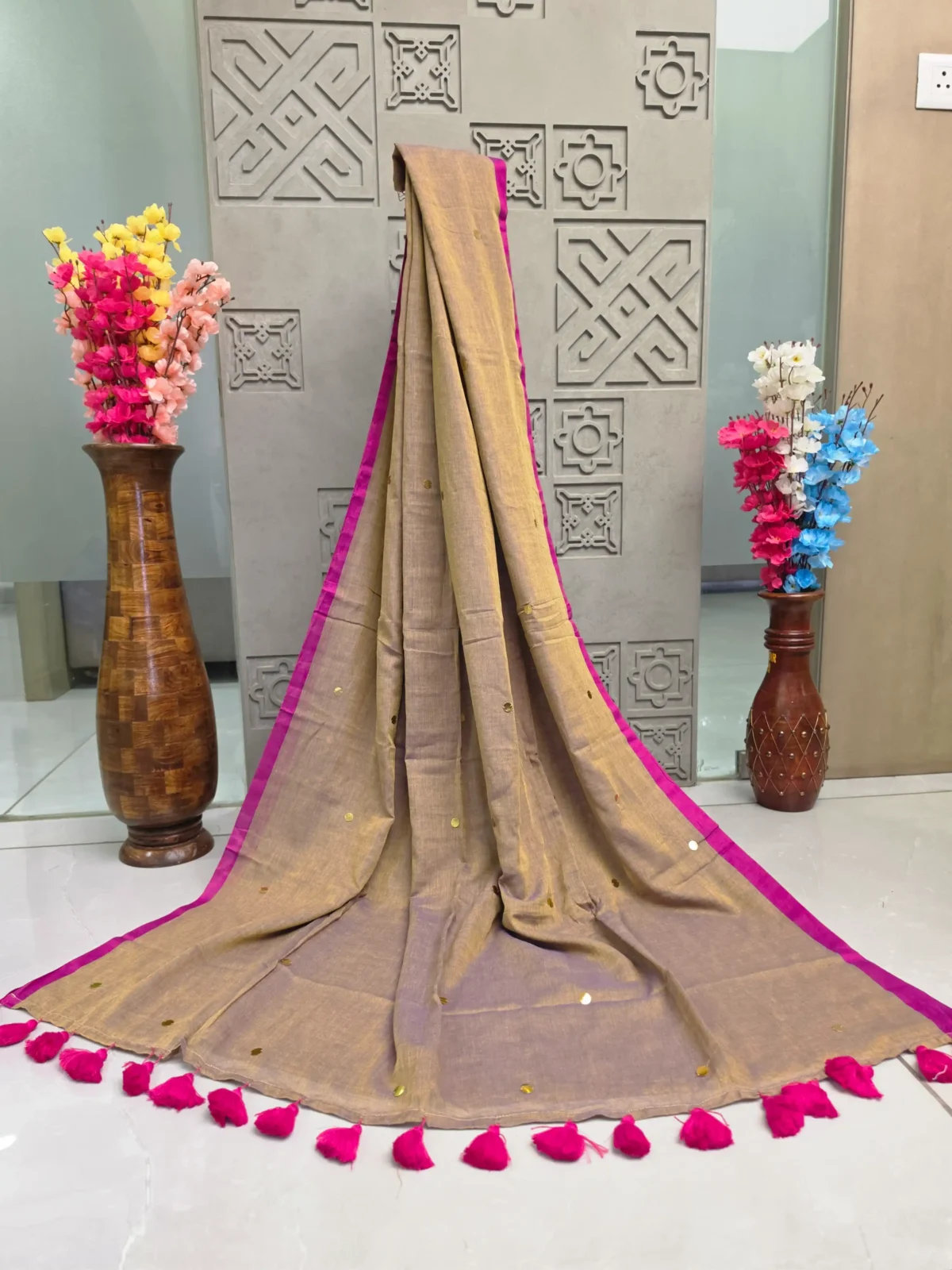 Beige Gold Foil Dot Saree with Magenta Border & Tassel Detailing