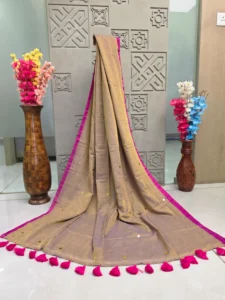 Beige Gold Foil Dot Saree with Magenta Border & Tassel Detailing
