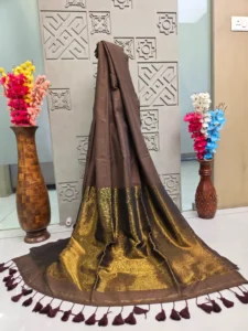 Chocolate Brown Saree with Antique Gold Border & Tassel Detailing