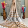 Beige Gold Saree with Silver & Gold Striped Border and White Tassels