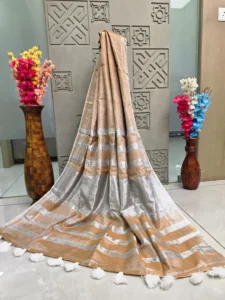 Beige Gold Saree with Silver & Gold Striped Border and White Tassels