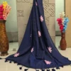 Navy Blue Floral Embroidered Saree with Matching Tassel Border