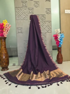 Deep Purple Saree with Antique Gold Panel & Tassel Border