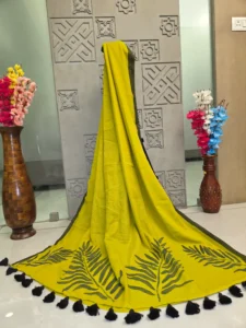 Bright Yellow Leaf Embroidered Saree with Black Tassel Border