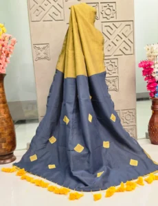 Mustard Yellow & Slate Blue Dual-Tone Saree with Gold Motifs and Tassel Border