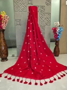 Red Floral Embroidered Saree with Matching Tassel Border