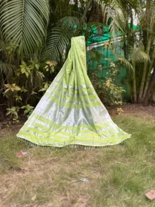 Lime Green Saree with Silver Stripes & Metallic Border