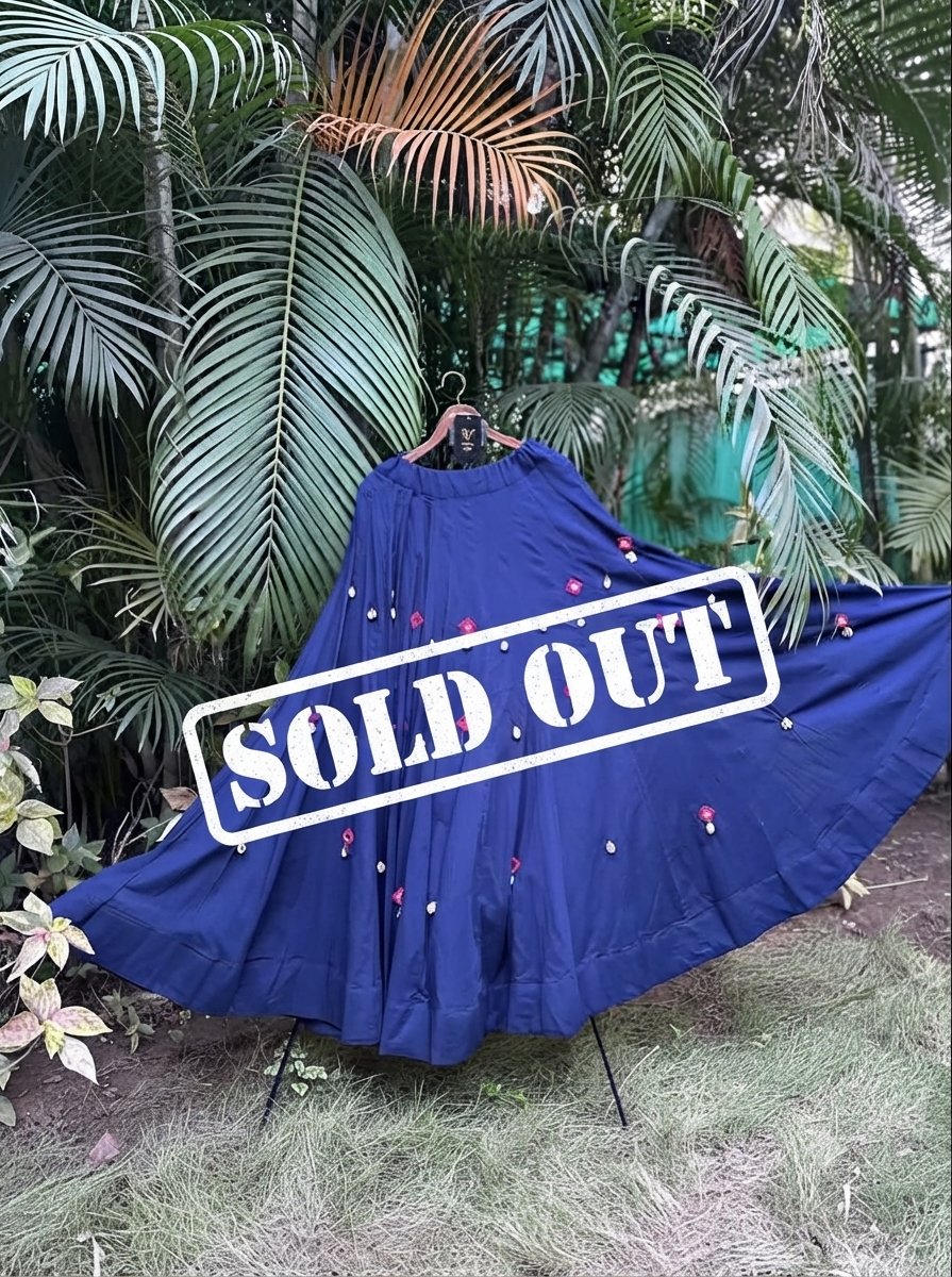 Stunning Navy Blue Mal Cotton Pink Mirror Work Flared Lehenga for Navratri